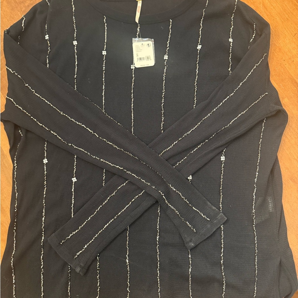 Free People Black Long Sleeve Top with Beaded Stripes